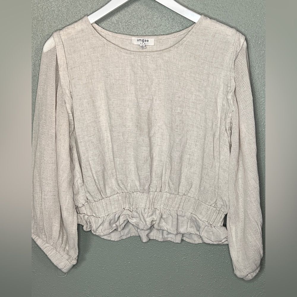 Umgee Beige Crop Cinched Waist Linen Top Size Large